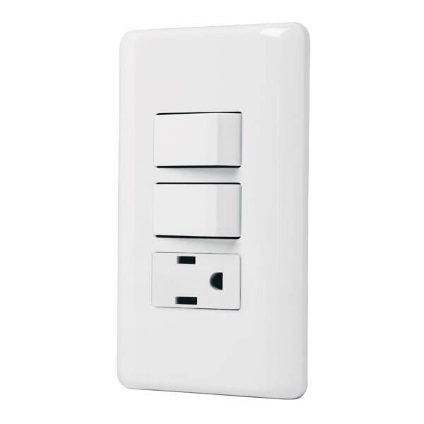 PLACA ARMADA CON CONTACTO  Y 2 INTERRUPTORES SENCILLOS, BASIC.